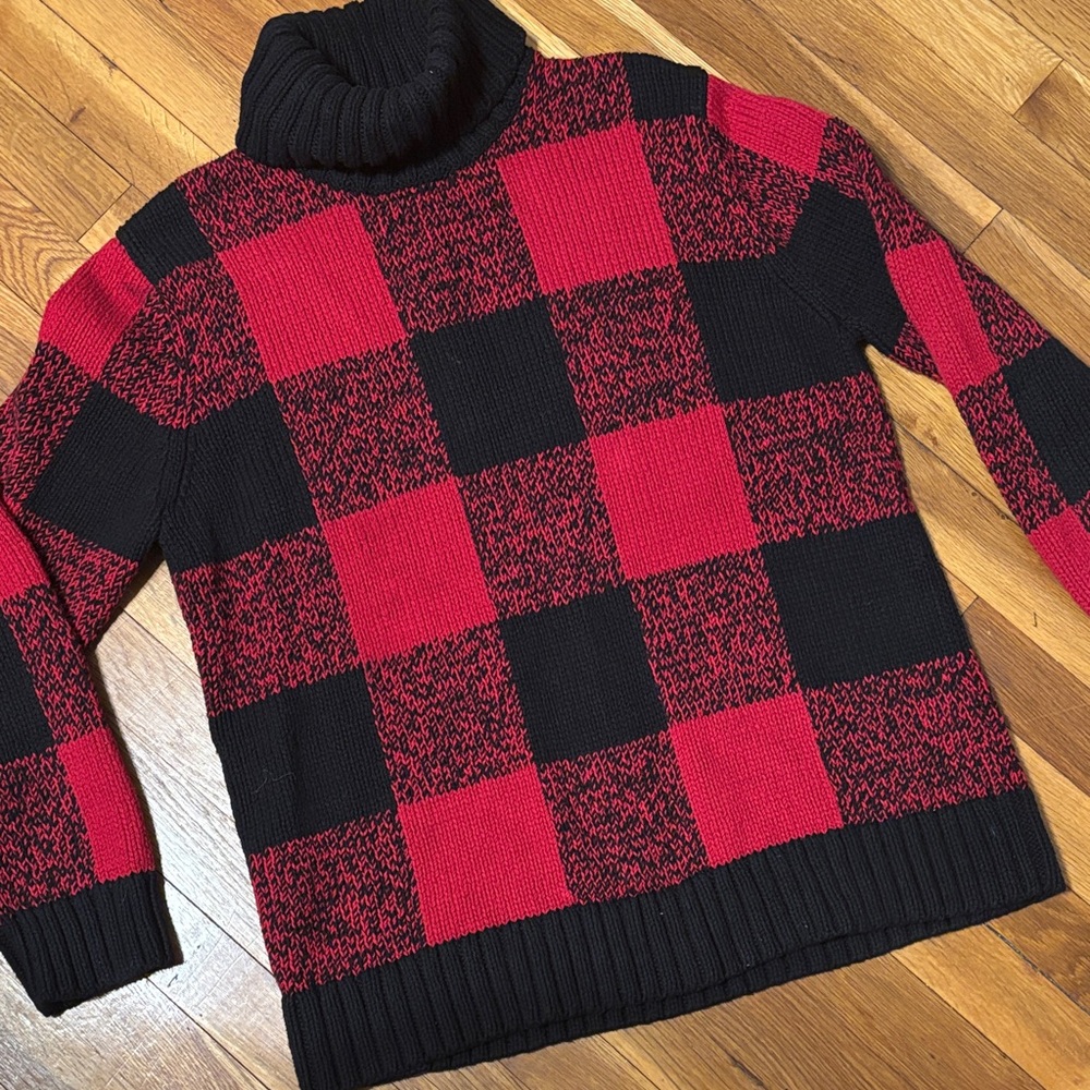 Jones New York Sport Chunky Turtleneck Buffalo Check Sweater - Red & Black